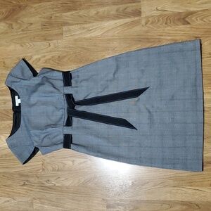 dressbarn Gray Plaid Midi Dress with Black Ribbon Belt Cap Sleeves Womens Size 6